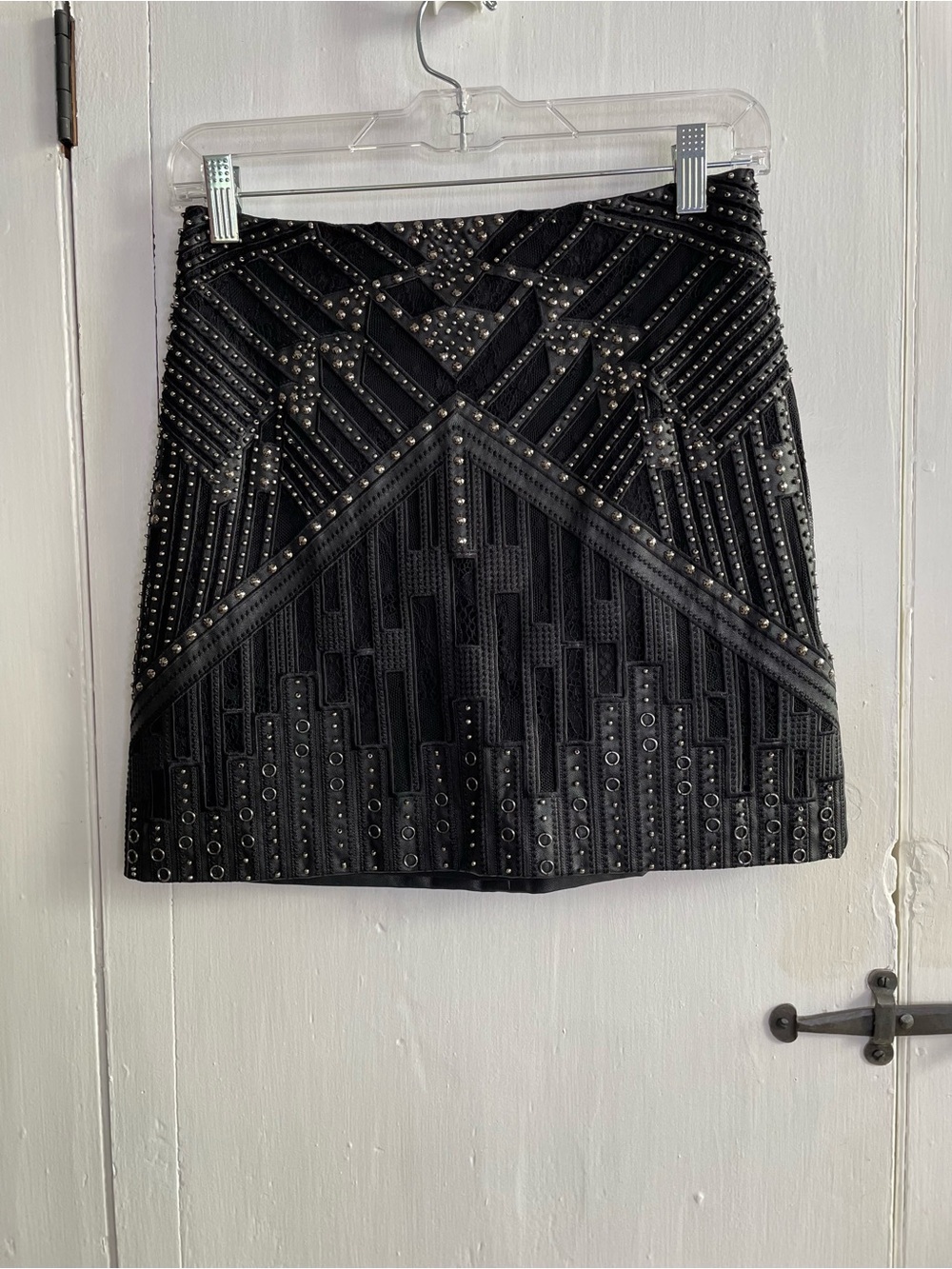 Bebe Black Embellished Intricate Studded Detailing Lace Panel Mini Skirt Size 6